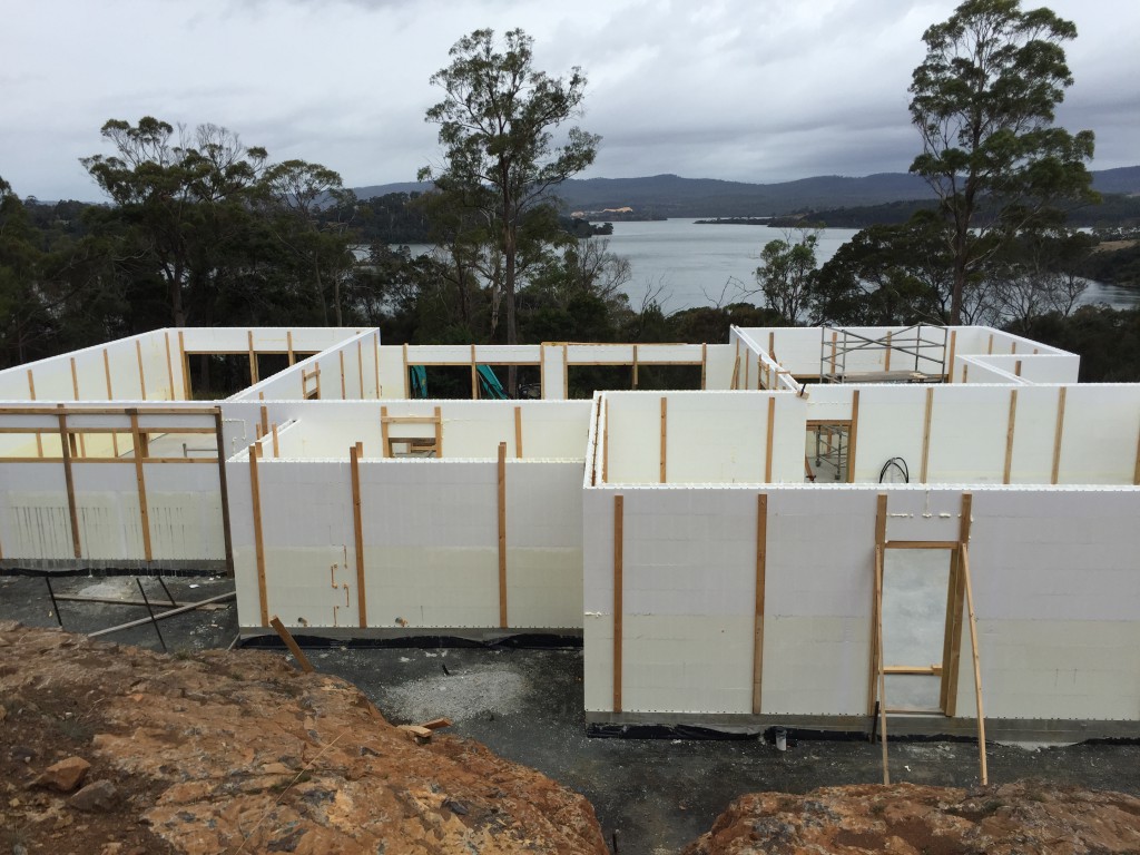 Owner Builder using home made timber bracing as support for walls in this project in Northern Tasmania